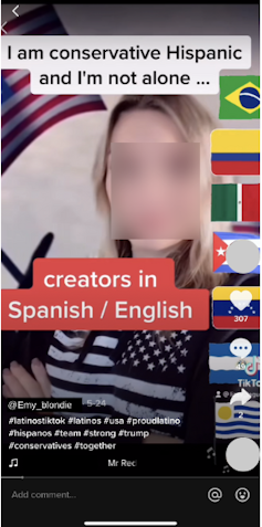 Mujer rubia de frente, banderas de países latinoamericanos y texto incrustado sobre la imagen