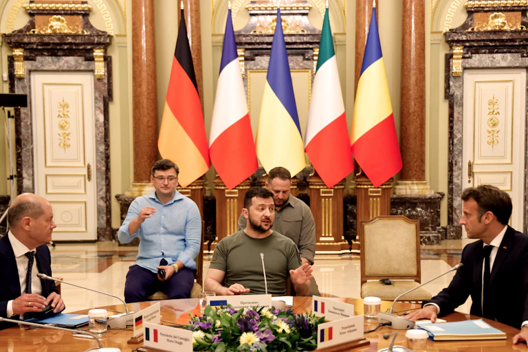 German Chancellor Olaf Scholz, Ukrainian President Volodymyr Zelensky and French President Emmanuel Macron meet for a working session in Mariinsky Palace, in Kyiv, June 16 2022