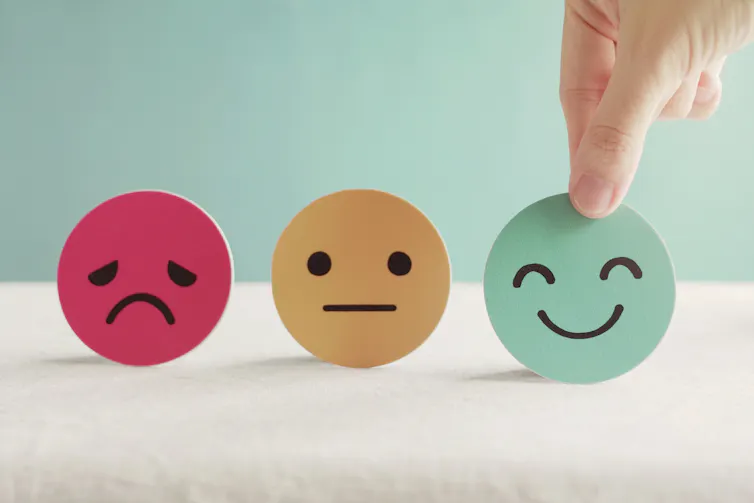 Image of a smiley face, and two less happy faces.