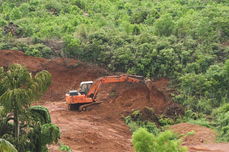 An excavator digs up soil in a tropical forest clearing.