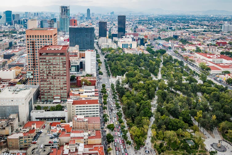 A large urban park and high-rise buildings.