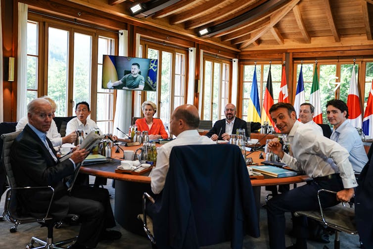 G7 leaders (L-R) US President Joe Biden, Japanese Prime Minister Fumio Kishida, European Commission President Ursula von der Leyen, German Chancellor Olaf Scholz, European Council President Charles Michel, French President Emmanuel Macron, Italian Prime M