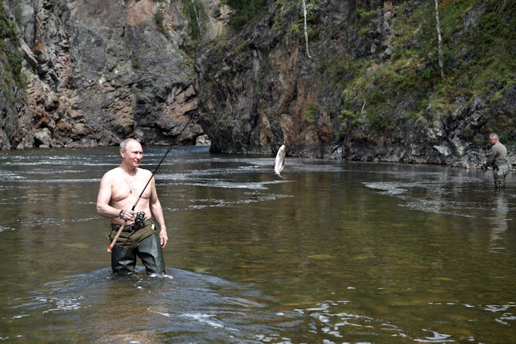 Putin is pictured shirtless, fishing in a river