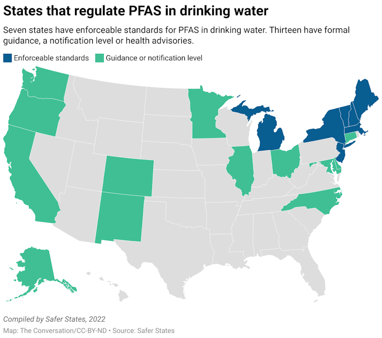 A map of the United States. The states are color coded according to whether they have enforceable standards or guidance/notification levels for PFAS in drinking water.