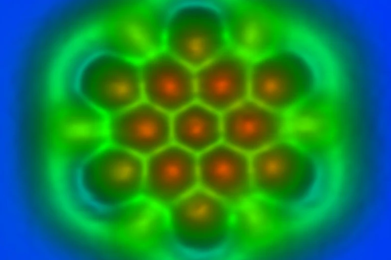 Thirteen round shapes in an orderly pattern.