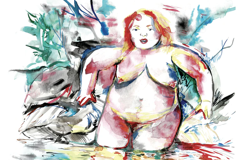 a naked woman reclines in a creek, trees and stones at her back