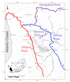 Map with red and blue lines showing sandfish range.