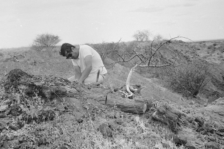 Yves Coppens dans la Vallée de l'Omo en 1969 en train de fouiller un site archéologique