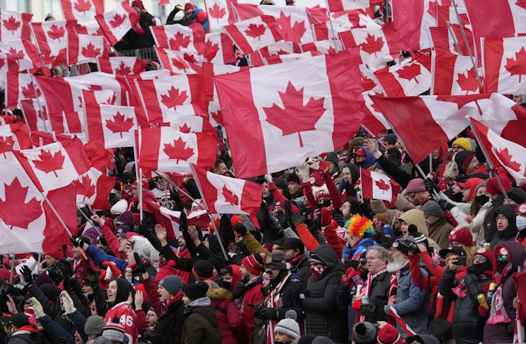 a sea of Canadian flags wave above a crowd