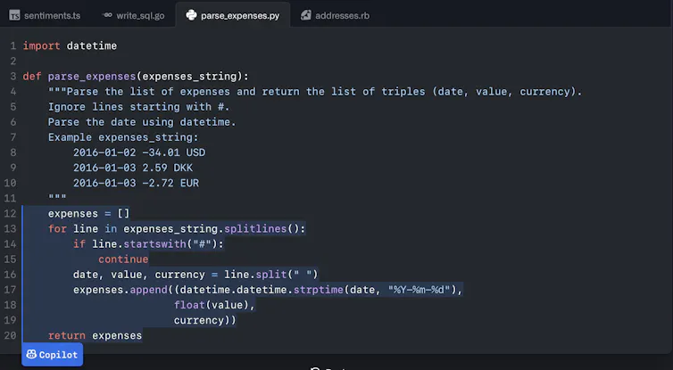 A screenshot of computer code produced by Copilot.