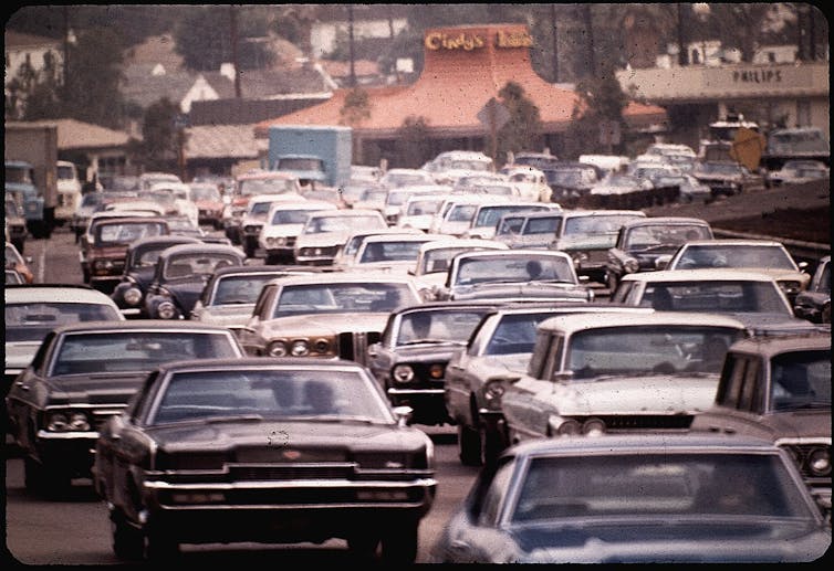 Traffic in Los Angeles, 1973. Economies were much more energy-intensive than now.