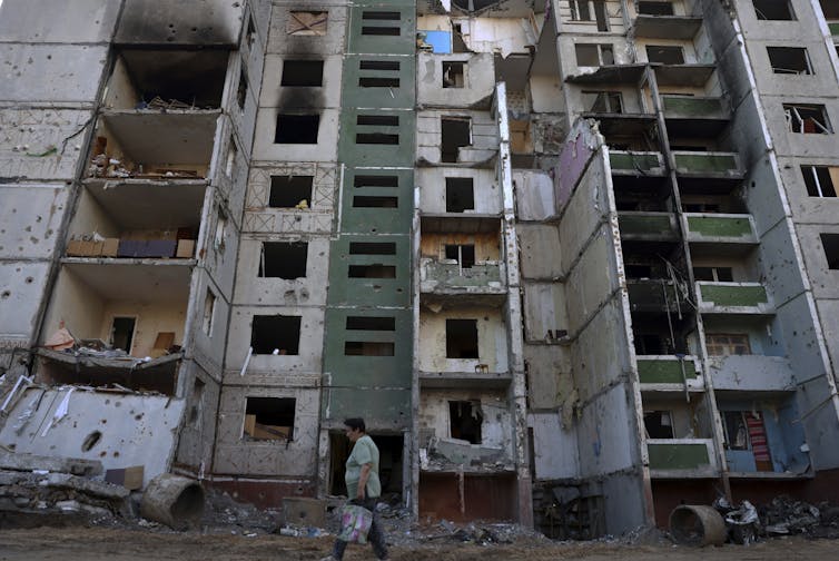 An apartment building damaged by Russian attacks on the northern Ukraine city of Chernihiv, June 27 2022.