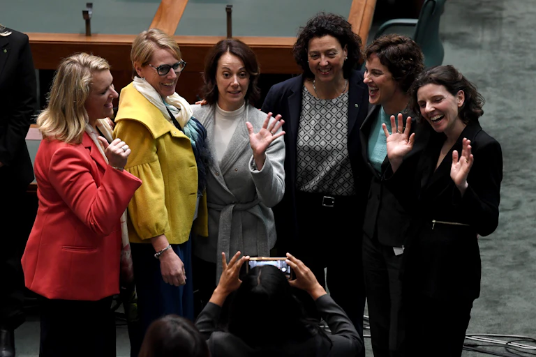 Newly-elected Independent MPs Kylea Tink, Zoe Daniel, Sophie Scamps, Monique Ryan, Kate Chaney and Allegra Spender