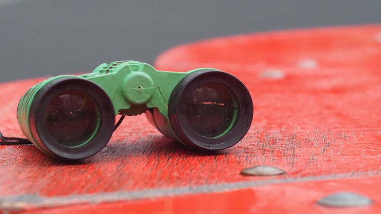 A pair of green children's binoculars.