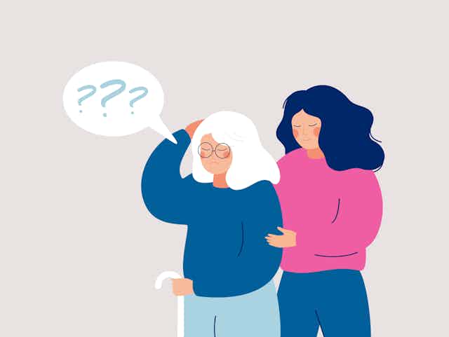 Cartoon of two women, one with question marks coming out of her head