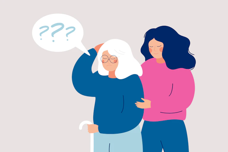 Cartoon of two women, one with question marks coming out of her head