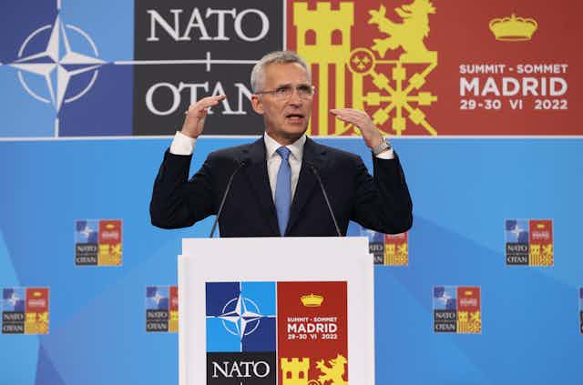 Nato secretary general Jens Stoltenberg attends a press conference on the first day of the NATO Summit at IFEMA Convention Center, in Madrid, Spain, 29 June 2022. 