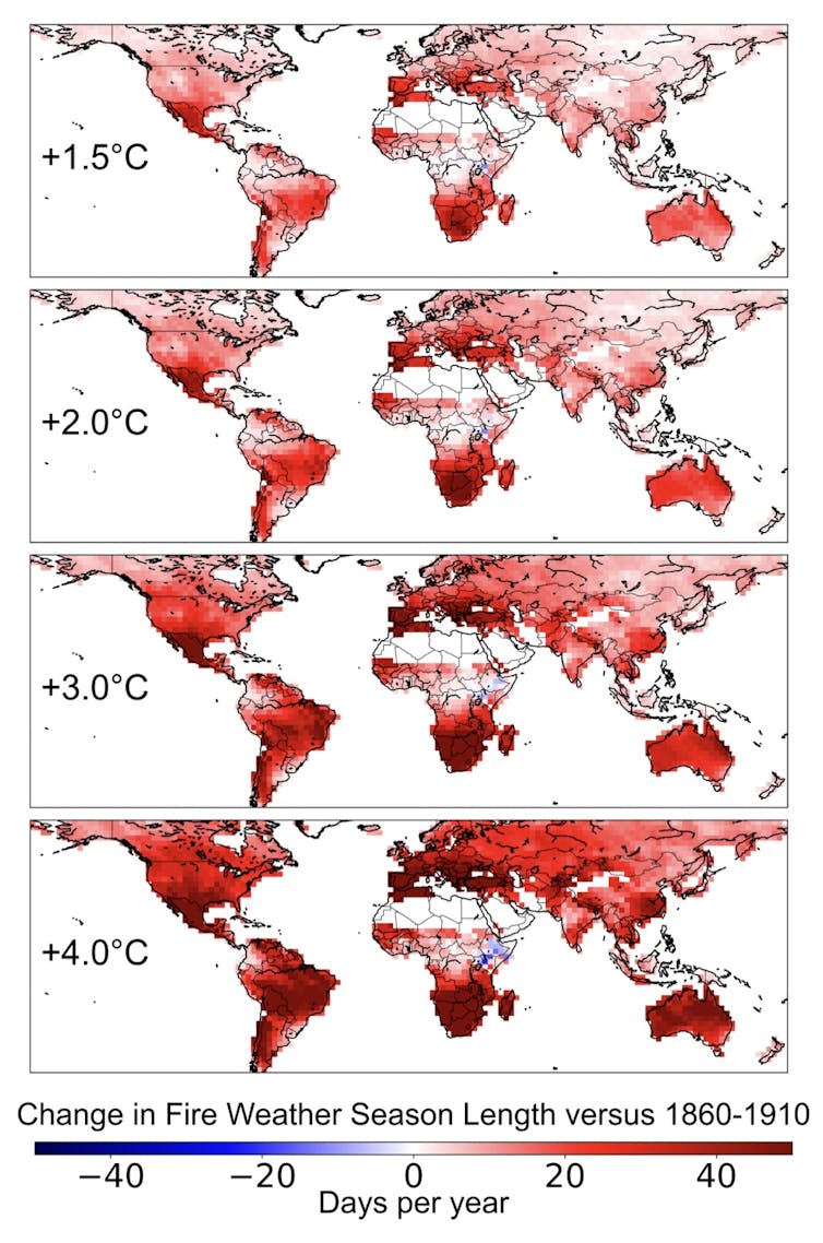 Four world maps depicting the expanding fire weather season under increments of global warming.