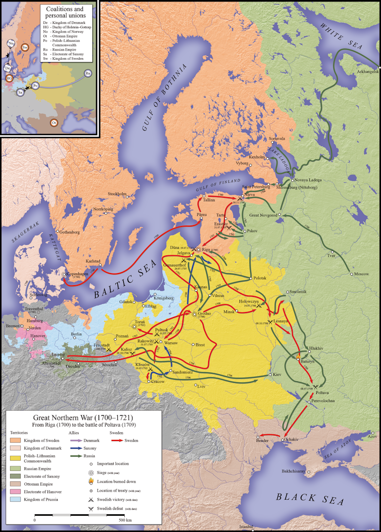 Map showing the limits and extension of the Russian empire, Polish-Lithuanian Commonwealth, Kingdom of Sweden, and Ottoman Empire at the time of Peter the Great of Russia.