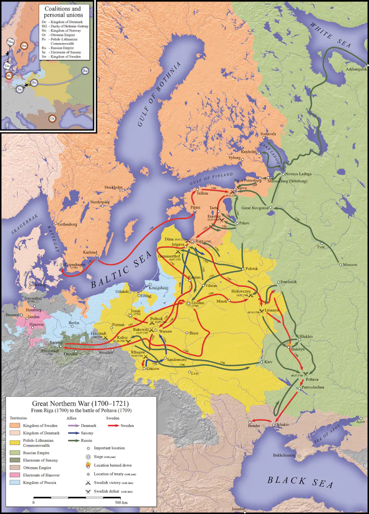 Map showing the limits and extension of the Russian empire, Polish-Lithuanian Commonwealth, Kingdom of Sweden, and Ottoman Empire at the time of Peter the Great of Russia.