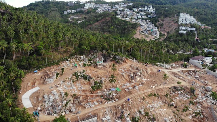 Clearing in a forest with construction and buildings