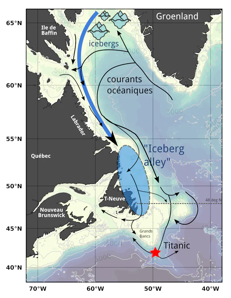 Une carte de l’océan Atlantique Nord montrant la trajectoire des icebergs entre le Groenland et Terre-Neuve