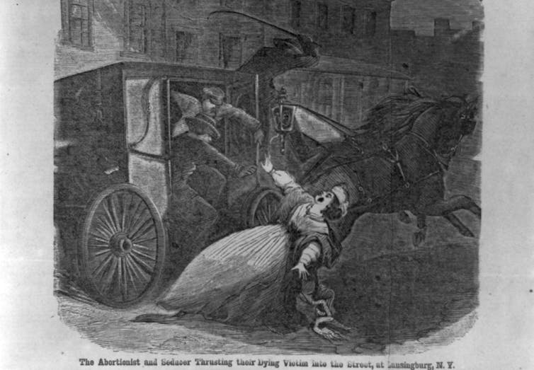 Engraving of woman being tossed from carriage with text 'The Abortionist and Seducer Thrusting their Dying Victim into the Street, at Lausingburg, N.Y.'