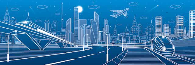 A white on blue illustration of futuristic-looking travel in a city