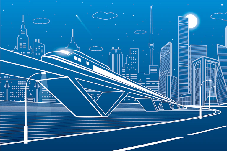 A white on blue illustration of futuristic-looking travel in a city