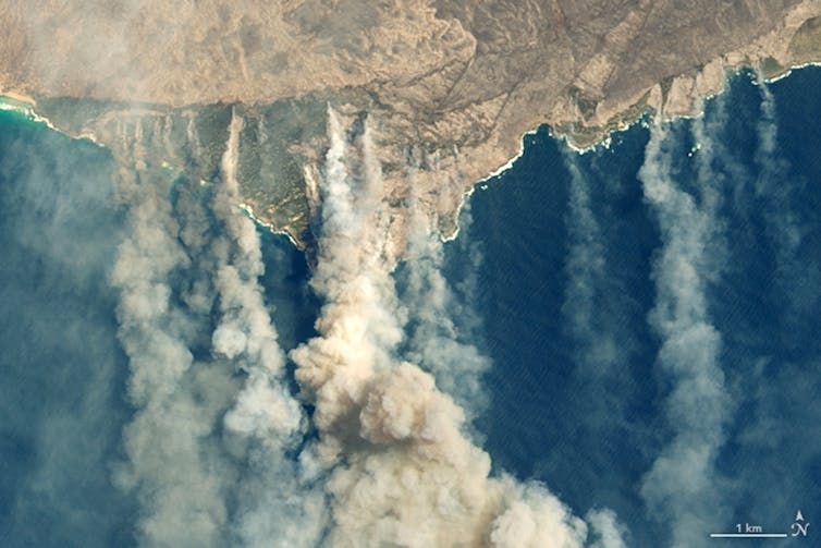 aerial view of smoke billowing from Australia's east coast