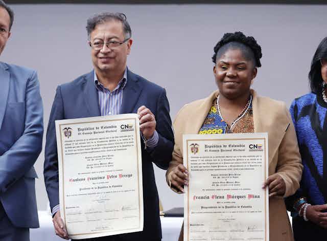 President-elect Gustavo Petro and vice-president-elect Francia Marquez receive the credentials that accredit them as president and vice-president of Colombia