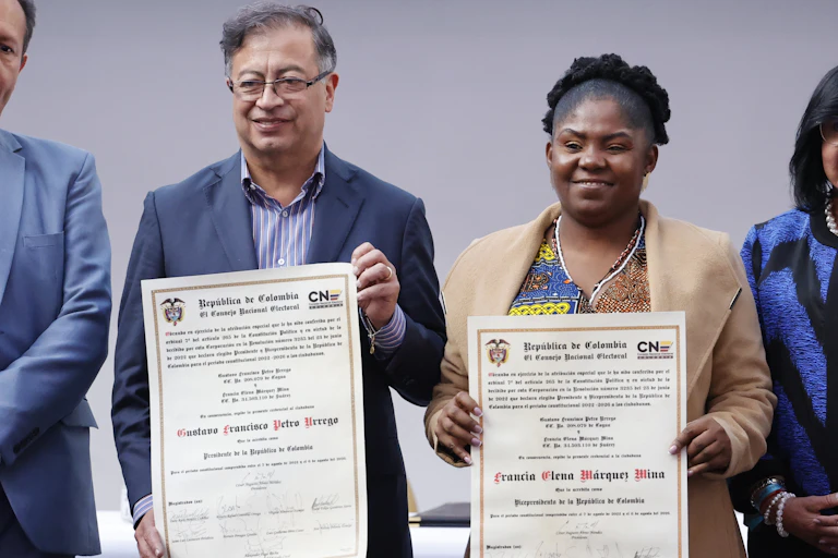 President-elect Gustavo Petro and vice-president-elect Francia Marquez receive the credentials that accredit them as president and vice-president of Colombia