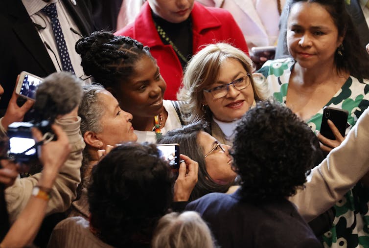 Vice President-elect Francia Marquez, surrounded by women activists at the presentation of the final report of the Truth Commission in Bogota, Colombia