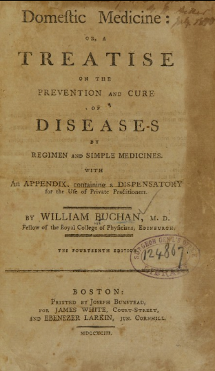 An aged title page for a book, 'Domestic Medicine.'