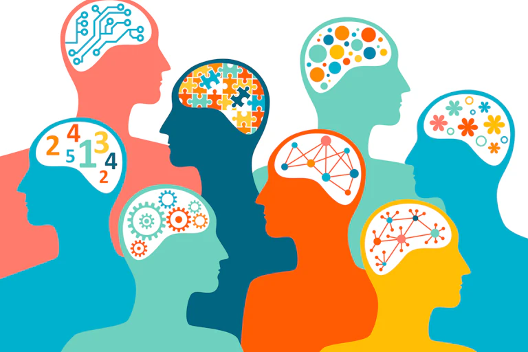 Illustration of silhouette side profiles with a window into their multi-patterned brain regions