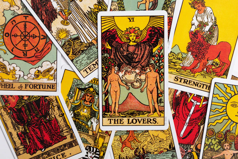 Tarot cards with 'the lovers' on top