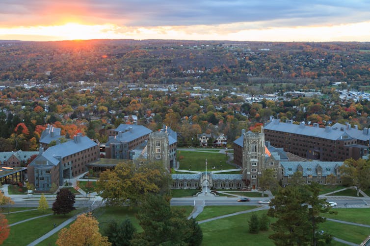 Aerial view of a university seen with a broad landscape surrounding it.