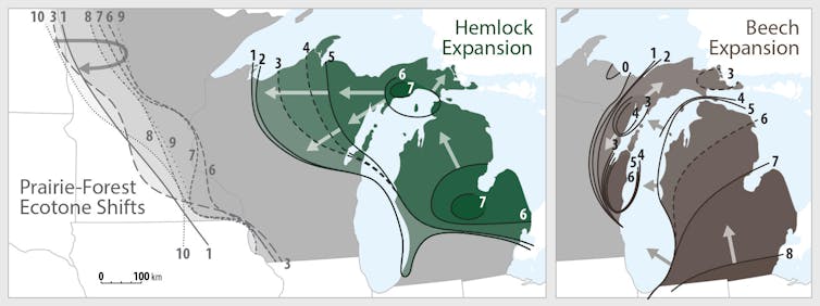Maps show hemlock and beech spreading northward and the western transition zone between forest and grasslands shifting over time.