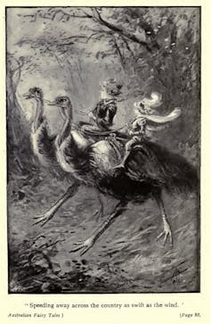 A.J. Johnson, “Speeding away across the country as swift as the wind”. Atha Westbury, Australian Fairy Tales. London: Ward, Lock and Co, 1897.