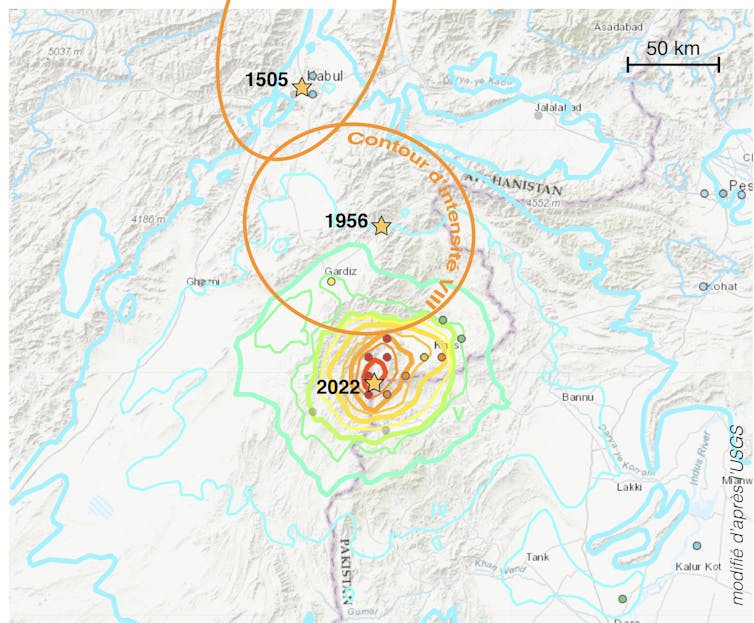 Carte d’intensité des trois séismes historiques afghans connus
