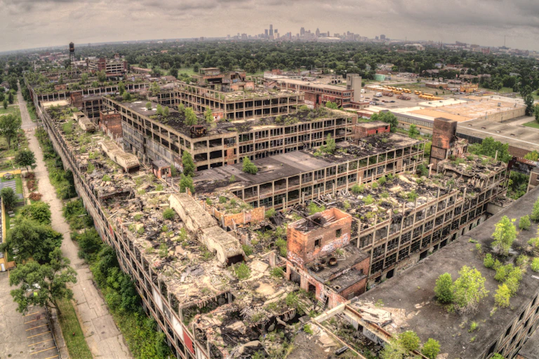 An abandoned factory with trees growing on roofs.