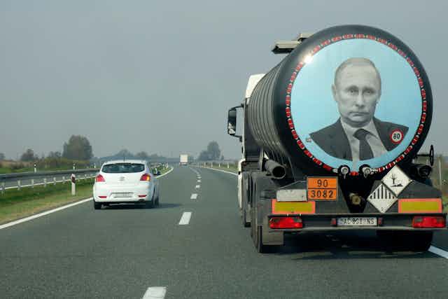 Lorry with a picture of Putin on the back