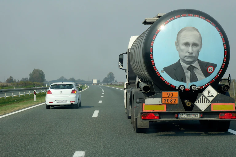 Lorry with a picture of Putin on the back