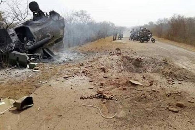 A destroyed military vehicle.