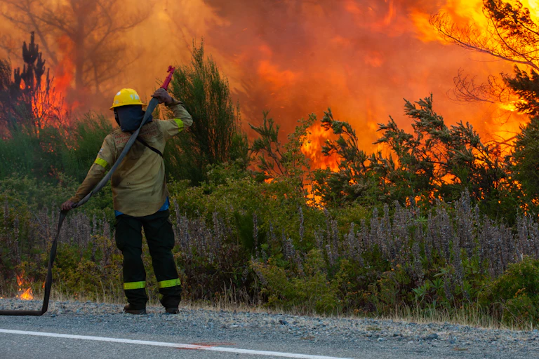 A fire fighter holds a hose aloft with fire encroaching on scrubland nearby.