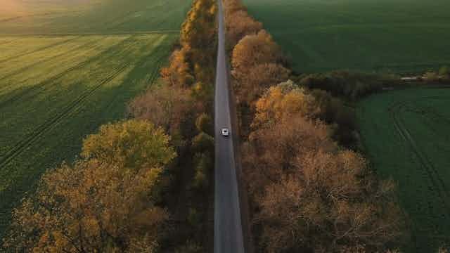 Aerial view of single car on country road.