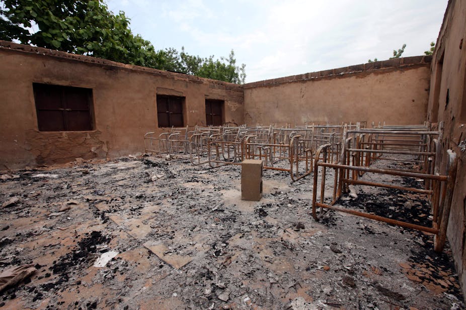 A burnt classroom of the Okokolo Community Secondary School, Benue State, Nigeria on May 10, 2016.  