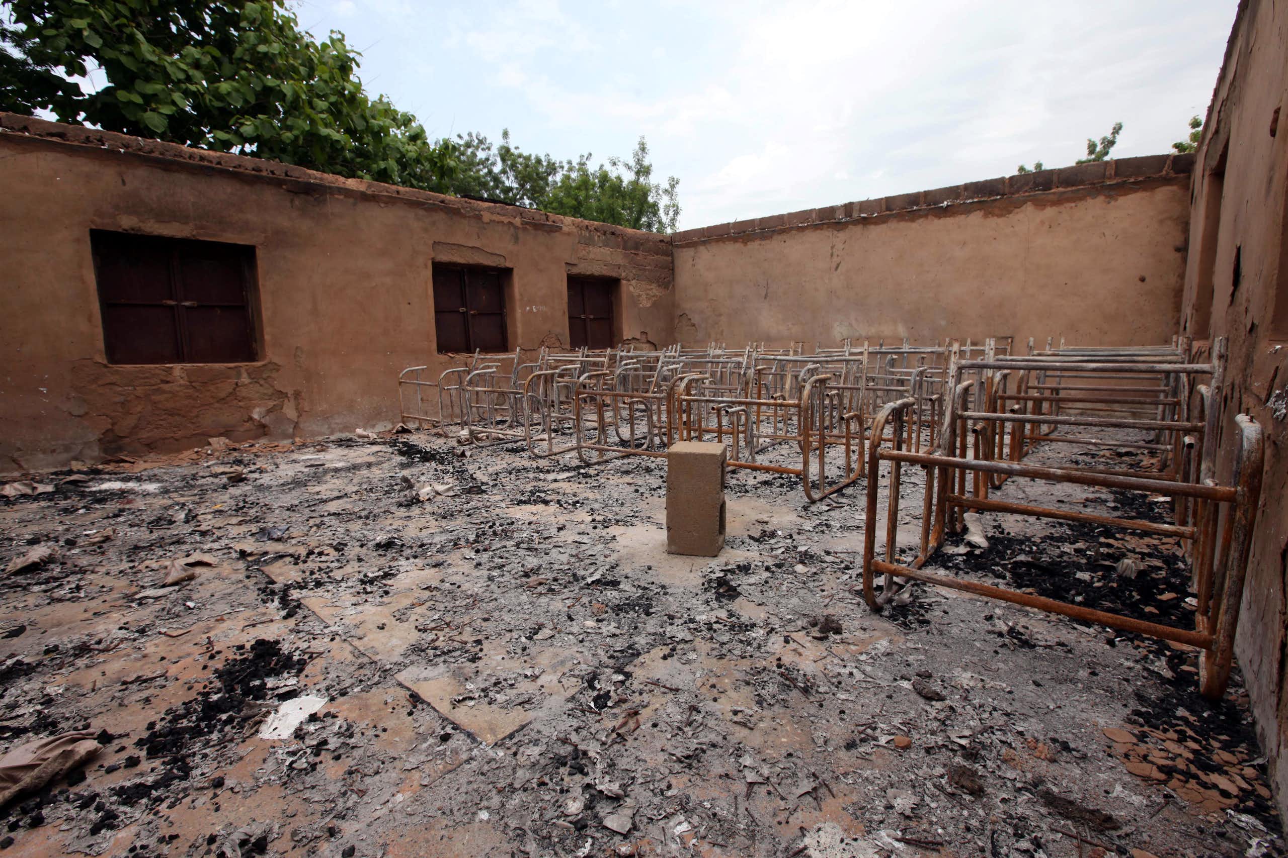 A burnt classroom of the Okokolo Community Secondary School, Benue State, Nigeria on May 10, 2016.