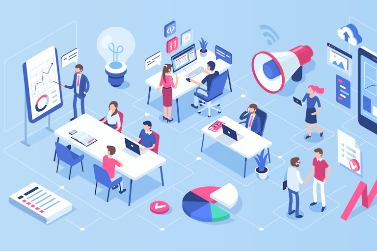 Illustration d'une entreprise avec plusieurs collaborateurs