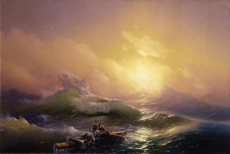tableau de naufrage avec des grandes vagues et un ciel de feu
